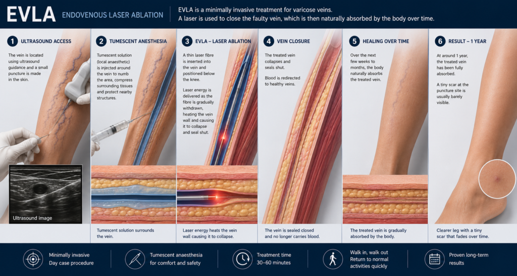 EVLA procedure diagram for varicose veins at Sheffield Vein Clinic