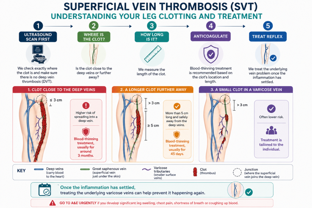 Patient infographic showing duplex assessment and treatment pathway for superficial vein thrombosis
