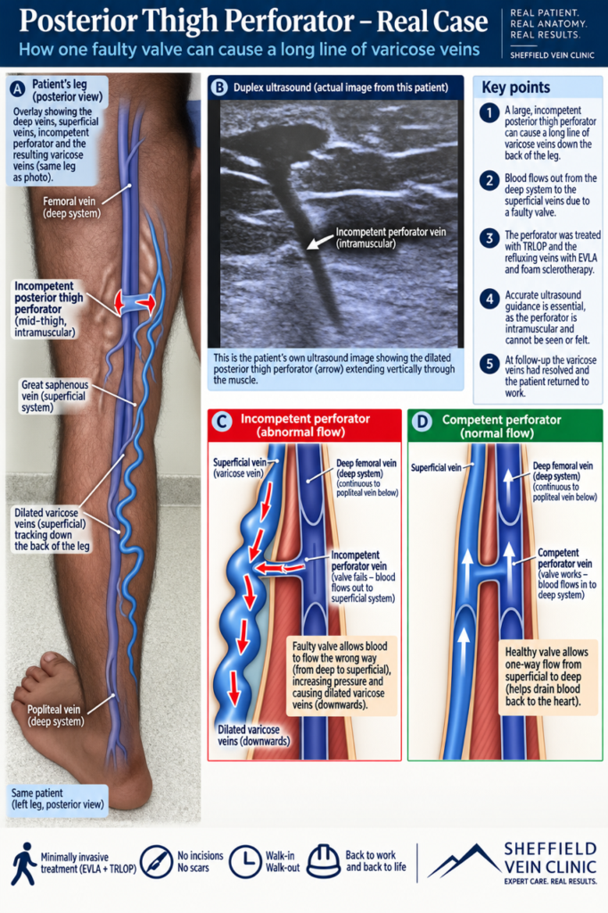 Diagram showing deep vein, incompetent posterior thigh perforator and superficial varicose veins