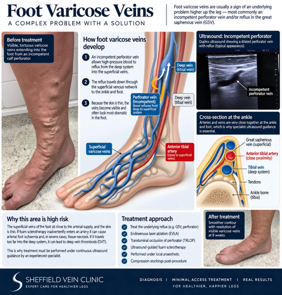 Medical infographic explaining foot varicose veins, perforator reflux and ankle anatomy